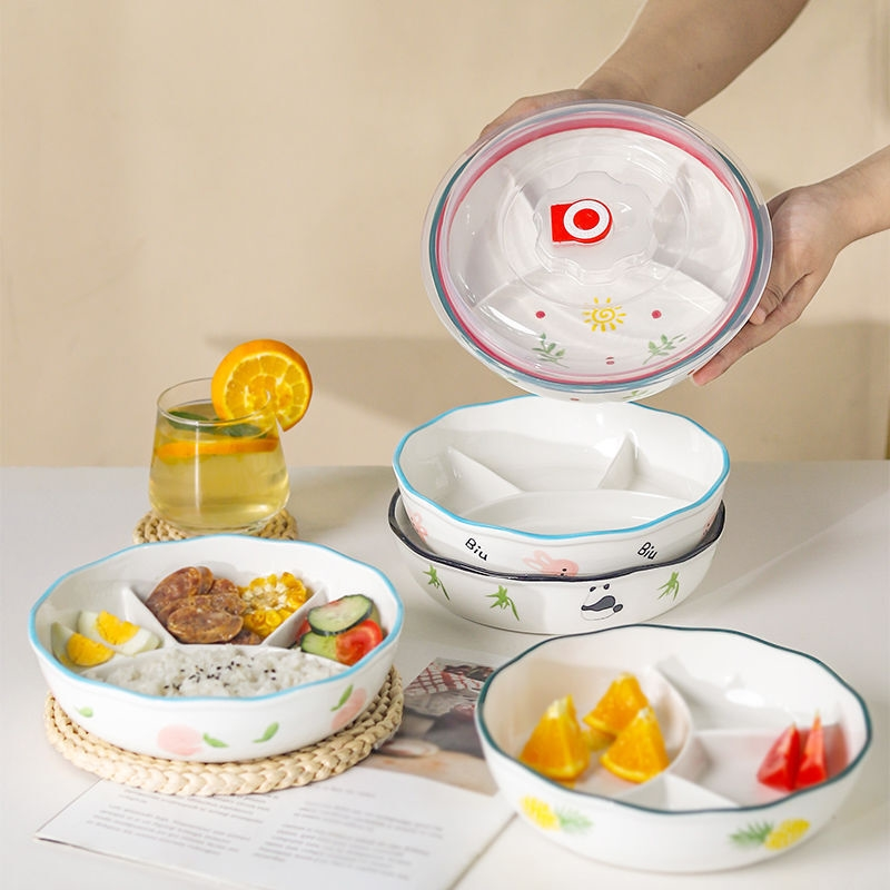 釉下彩陶瓷加深分格餐盘带盖学生儿童便当盒水果盘蒸饭盘可微波炉