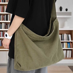 单肩大容量帆布包男款斜挎包老式复古大包大容量包包男士慵懒风包