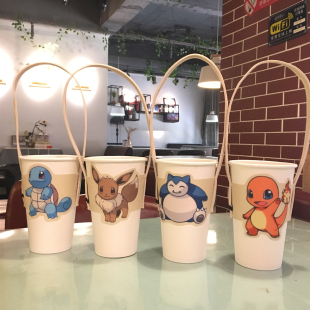 ins网红奶茶杯套斜挎环保饮料提袋卡通宝可梦杯套防水手提小兜兜
