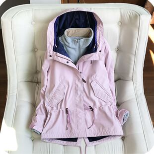 短外套女春秋防风防水透气冲锋衣潮牌糖果色连帽工装 加绒宽松风衣