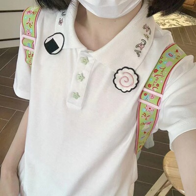 日系甜美polo短袖饭团鱼板刺绣可爱t恤短袖软妹百搭显瘦上衣女夏