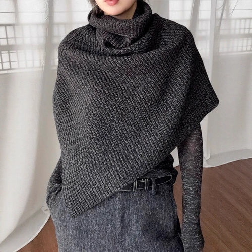 深灰色高领针织围巾女冬季高级感