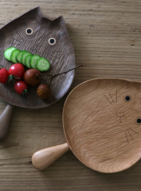 不凡木逸黑胡桃原创猫盘艺术盘子可爱点心水果盘ins风手柄木托盘