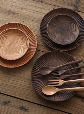 樱桃木整木圆盘日式手工木托盘实木杯垫创意黑胡桃原木碟子果盘