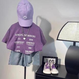 男女童夏装 儿童短袖 新款 上衣洋气韩版 百搭 t恤男小童紫色时髦半袖