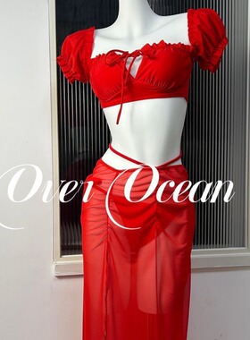 复古红色港风分体比基尼长裙三件套游泳衣女显白小红书爆款泡温泉