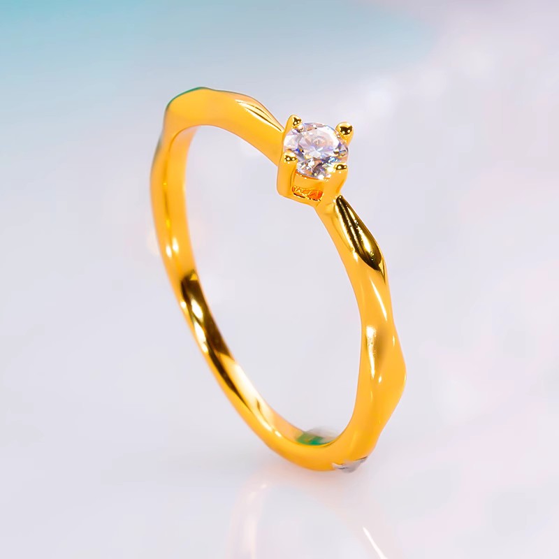 18K黄金D色莫桑石单钻戒指简约不规则钻戒时尚叠带精致轻奢纯银