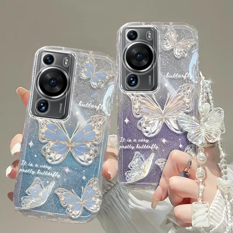 华为p60/p50手机壳p40/pro/p30/p20手机壳透明软套p60art全包防摔可爱潮奢华高档蝴蝶手链闪粉