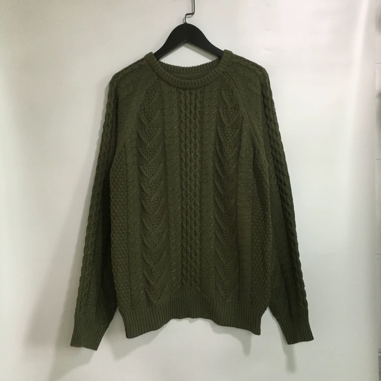 欧美外贸军绿色重工编织麻花纯棉长袖圆领套头针织衫大码女装胖mm