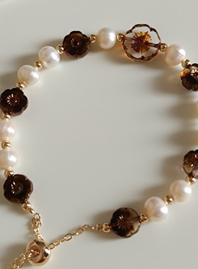 茶香花梦|6-7mm天然淡水珍珠手链搭配复古捷克珠原创设计森系质感