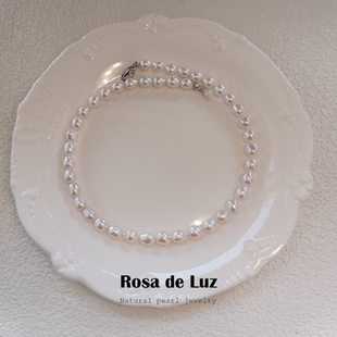 银白色强光珍珠~925银扣天然淡水巴洛克水滴形~6mm伴彩珍珠项链