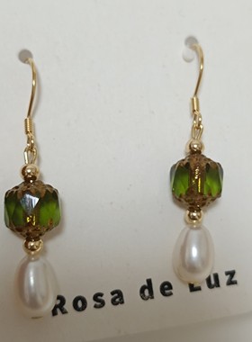 原创925银耳钩进口透亮紫色/绿色捷克珠搭配天然淡水珍珠优雅复古