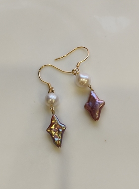 原创手作925银耳钩四芒星巴洛克珍珠耳环紫色异形珍珠法式轻奢