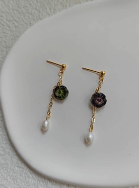 原创绿色捷克珠花朵天然淡水珍珠S925银耳钉长款流苏小众气质复古