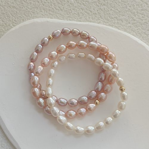 超高性价比天然淡水米形不掉色进口弹力线真珍珠手链百搭粉白紫