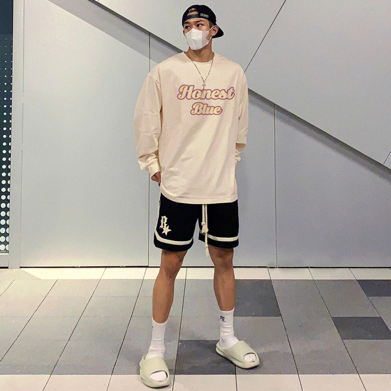 250g重磅纯棉长袖t恤男潮牌发光小人印花叠穿街头情侣圆领上衣ins