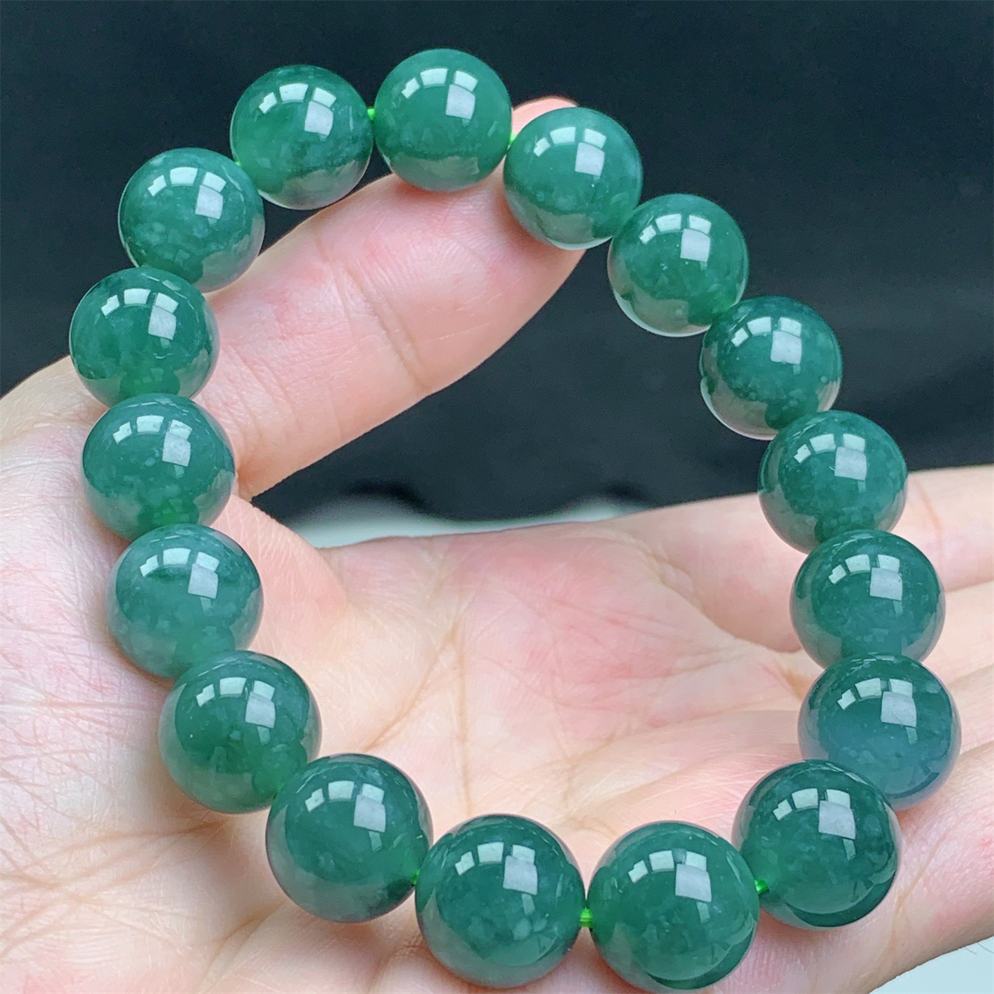 天然A货翡翠老坑冰蓝绿圆珠手串