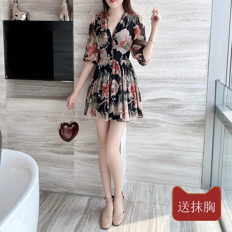 3371碎花雪纺连衣裙女夏中袖V领收腰显瘦气质A字短裙