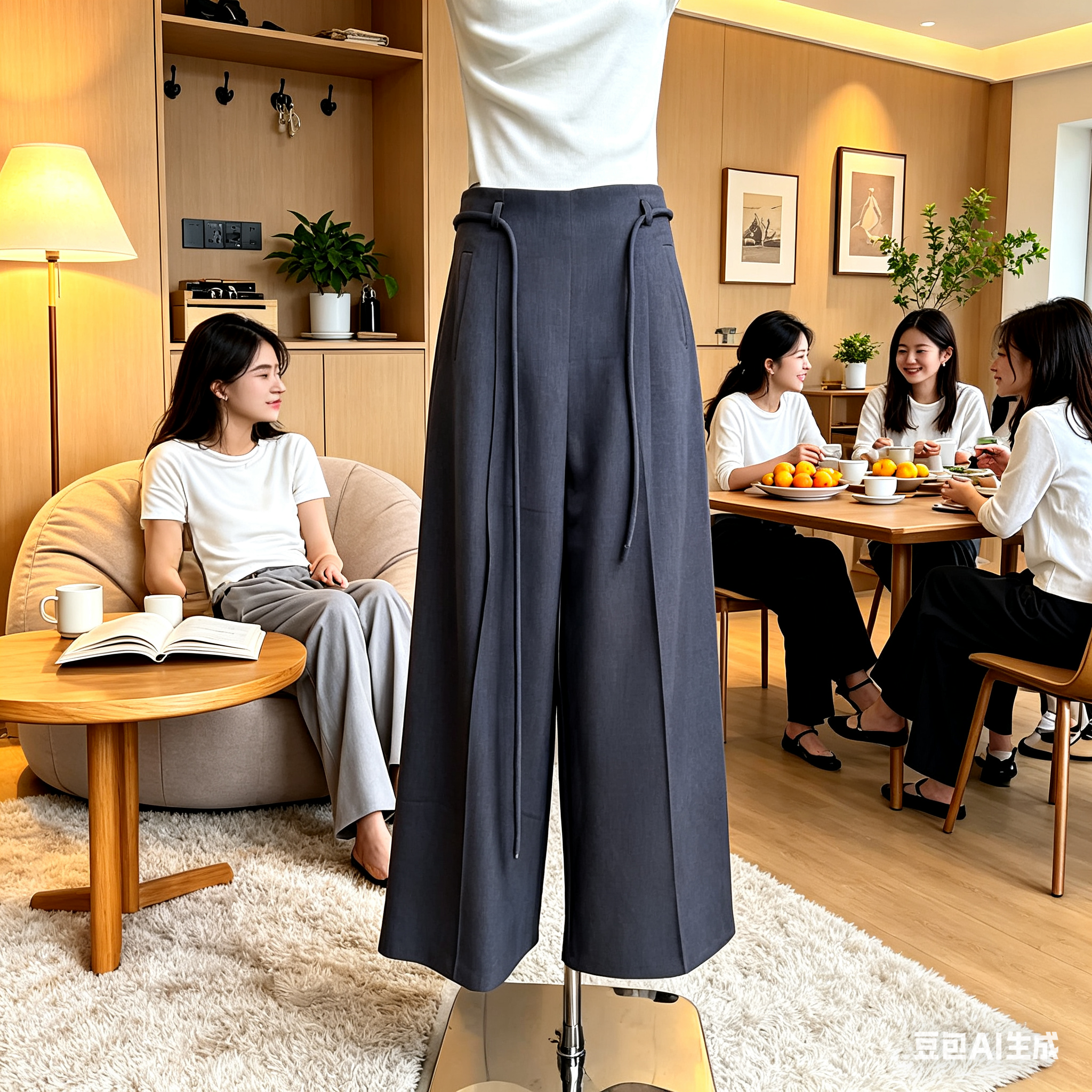 2026韩系系带休闲阔腿裤女 高级感垂感直筒拖地西装裤