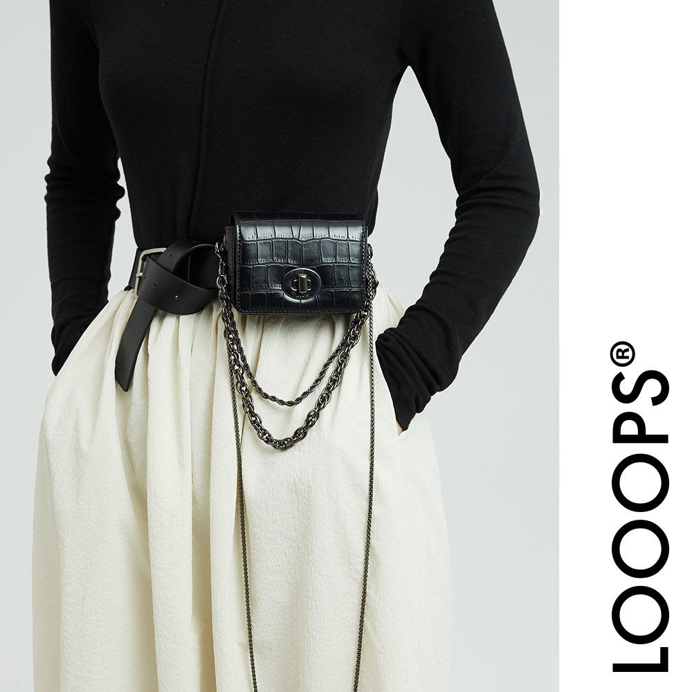 LOOOPS官方店 迷你黑色鳄鱼纹纯色牛皮锁扣斜挎包原创腰包口红包