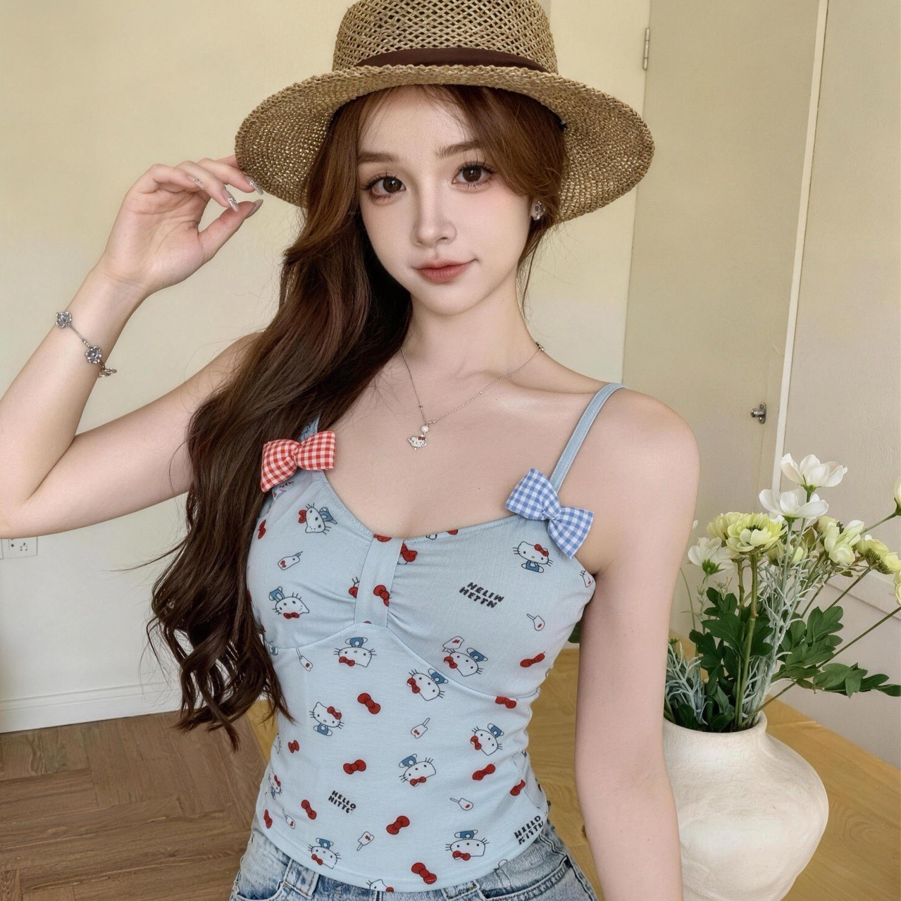 2026新款美式复古印花吊带背心女夏季外穿辣妹修身美背法式带胸垫