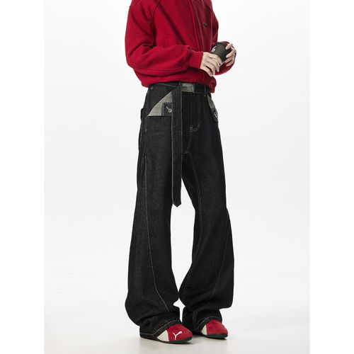 美式复古格纹撞色拼接弯刀牛仔裤