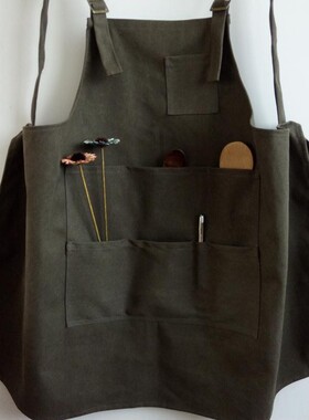 亚马逊复古简约水洗做旧帆布交叉背带围裙绘画工匠工作服厚实围裙