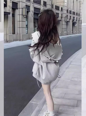 秋冬新款流行超好看灰色长袖珍珠卫衣外套女宽松休闲开衫上衣百搭