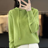 秋冬休闲叠穿带帽打底衫 菱形格连帽针织衫 卫衣女宽松套头长袖 毛衣