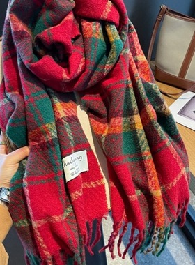 圣诞新年中国红色大格子流苏围巾女披肩冬季双面百搭保暖学生围脖