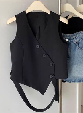 黑色设计感不规则小西装马甲背心女夏季新款薄款外穿时尚短款上衣