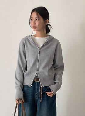 【欧凡】灰色连帽双拉链毛衣女外套慵懒风针织开衫卫衣上衣11039