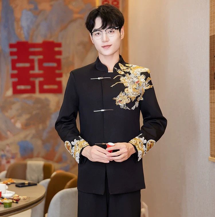 新中式中山装男士立领盘扣刺绣龙纹订婚礼服新郎结婚敬酒服西服