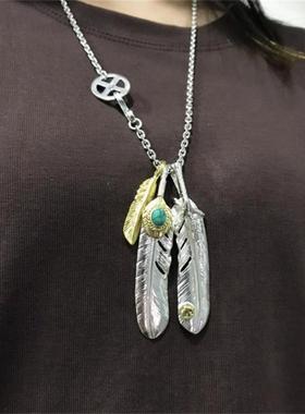 潮牌高桥日韩印第安羽毛吊坠男女情侣颈链925纯银余文乐同款项链