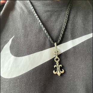 克罗潮牌925纯银莺尾花项坠皮绳项链羅心童军花吊坠复古珠珠颈链