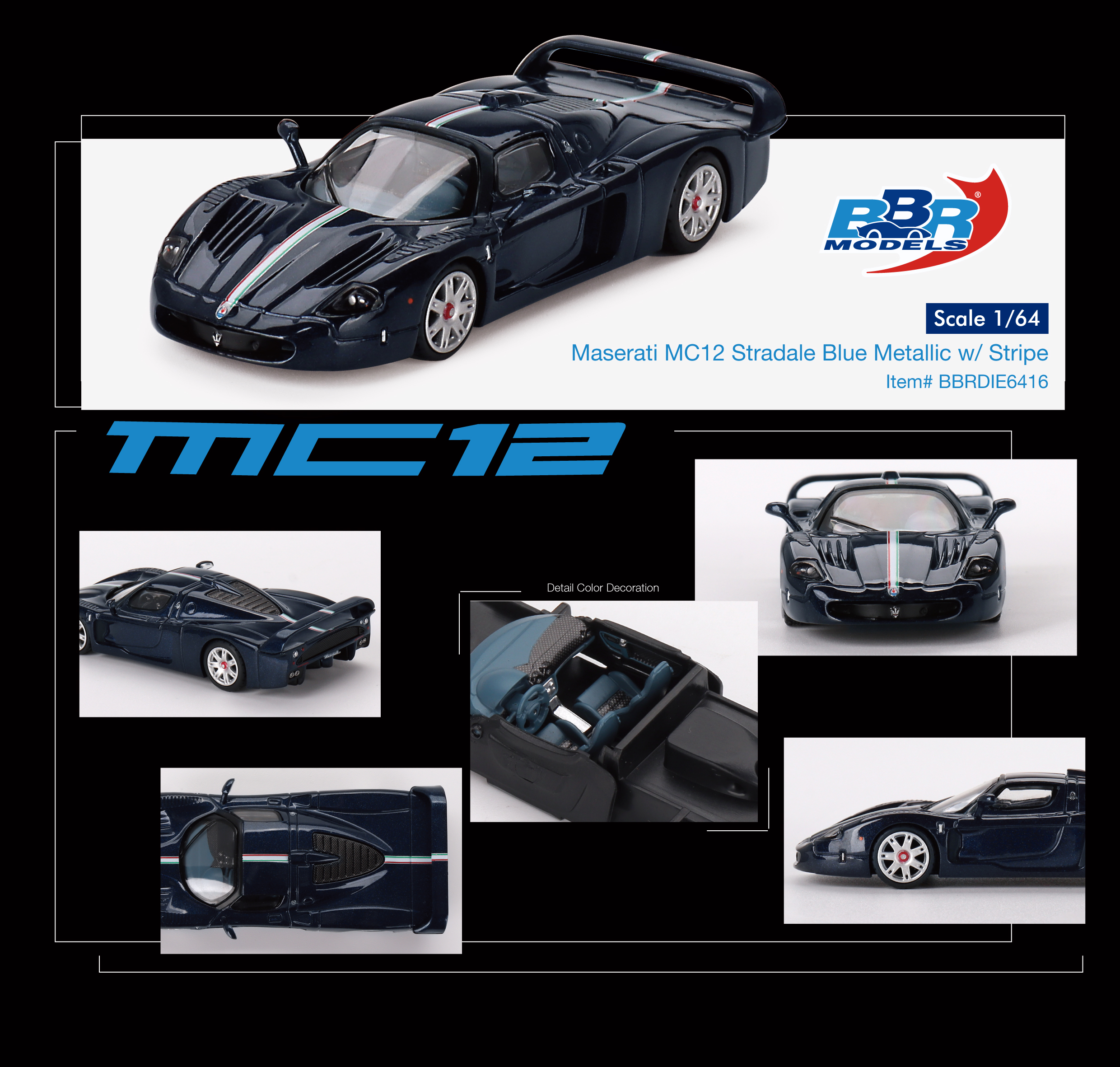 BBR 1/64 玛莎拉蒂 Maserati MC12 Stradale 蓝色 仿真合金车模 模玩/动漫/周边/娃圈三坑/桌游 火车/摩托/汽车模型 原图主图