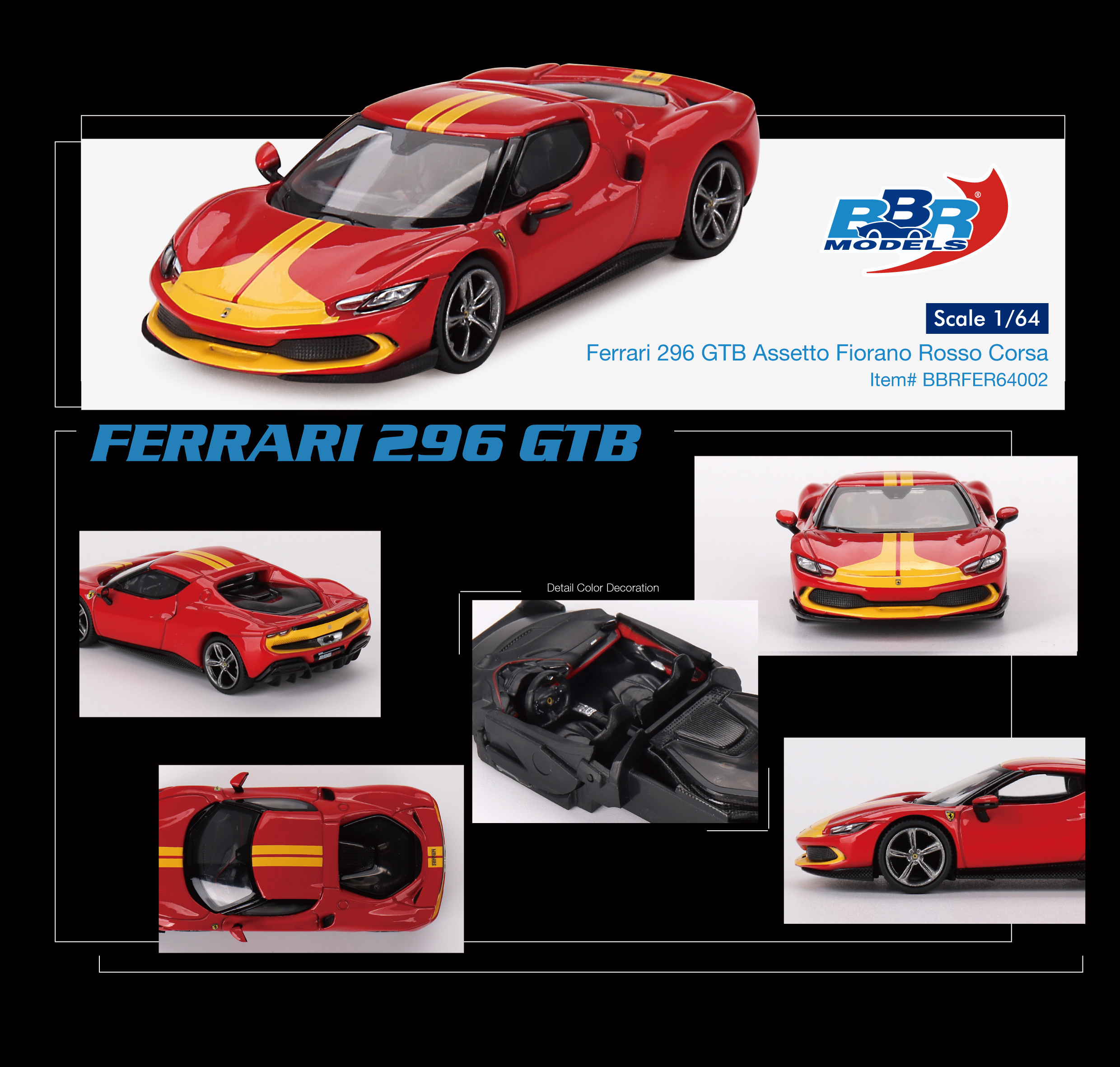 BBR 1/64 法拉利 Ferrari 296 GTB Assetto Fiorano Rosso Corsa 模玩/动漫/周边/娃圈三坑/桌游 火车/摩托/汽车模型 原图主图