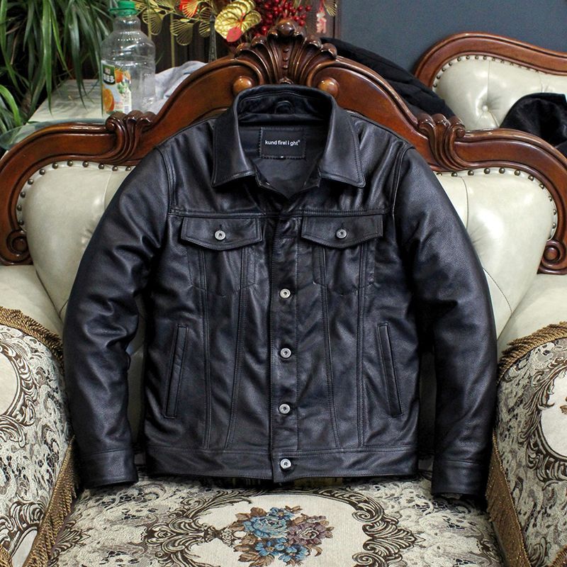 美式牛仔1.2厚507真皮皮夹克男头层牛皮短款修身皮衣机车翻领外套