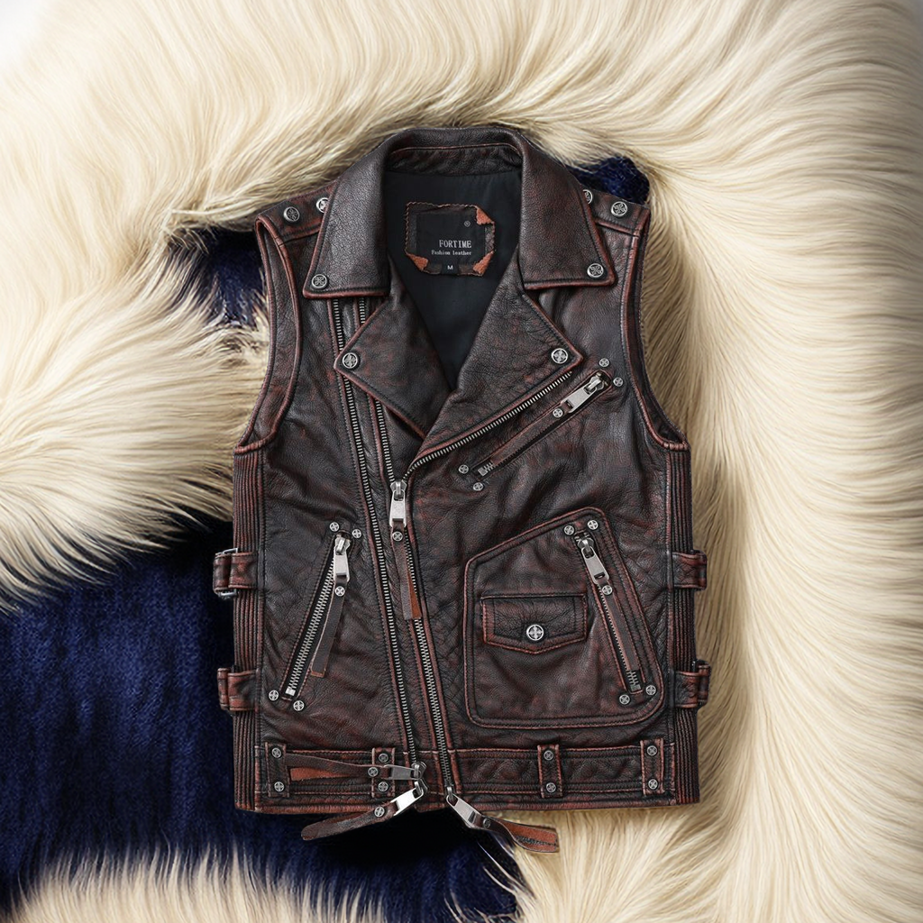 头层牛皮真皮马甲男大码机车皮夹克外套复古做旧哈雷骑行服机车服