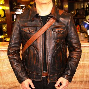 高档正宗门多萨皮衣机车翻领复古真皮擦色皮夹克马皮短款高级外套