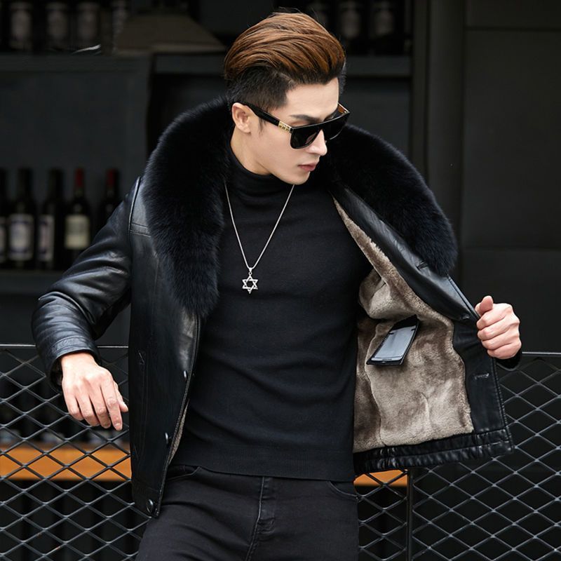 海宁真皮皮衣男皮毛一体狐狸毛领绵羊皮夹克短款冬款皮草外套加厚