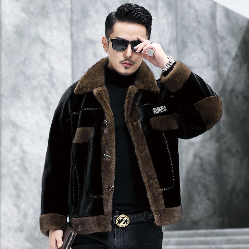 海宁冬新款翻领仿皮草水貂短款羊剪绒皮毛一体外套男士金貂绒夹克