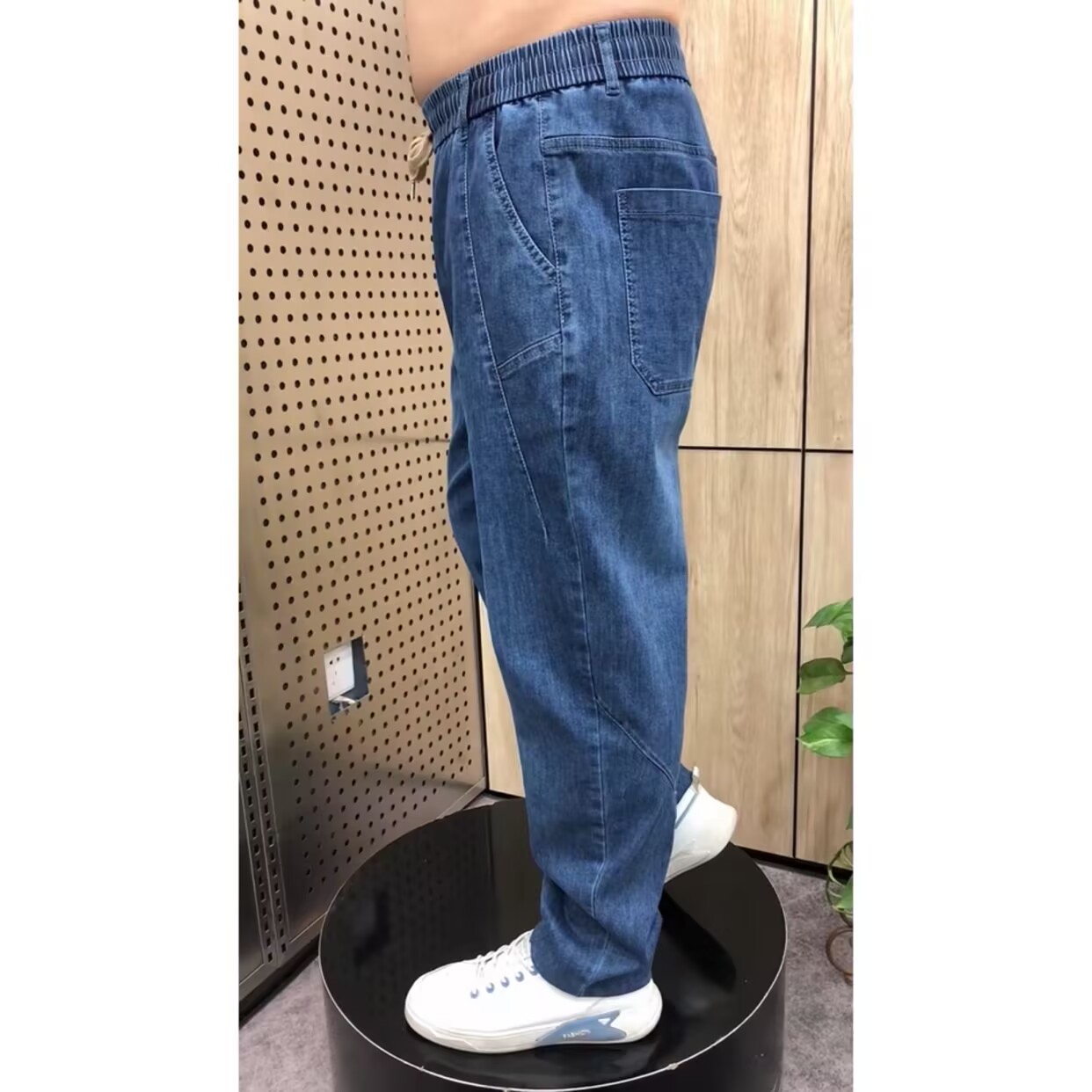春秋季水洗弹力直角老爹牛仔裤宽松男士休闲裤哈伦裤加肥直筒长裤