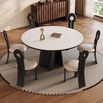 中古风岩板餐桌客厅家用小户型伸缩餐桌可变圆桌吃饭桌子