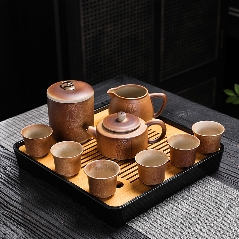 柴烧粗陶功夫茶具套装陶瓷泡茶壶盖碗茶盘简约家用办公室喝茶泡茶