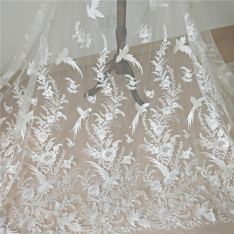 新款高档网纱刺绣亮片森系小鸟婚纱面料服装连衣裙面料布料童装