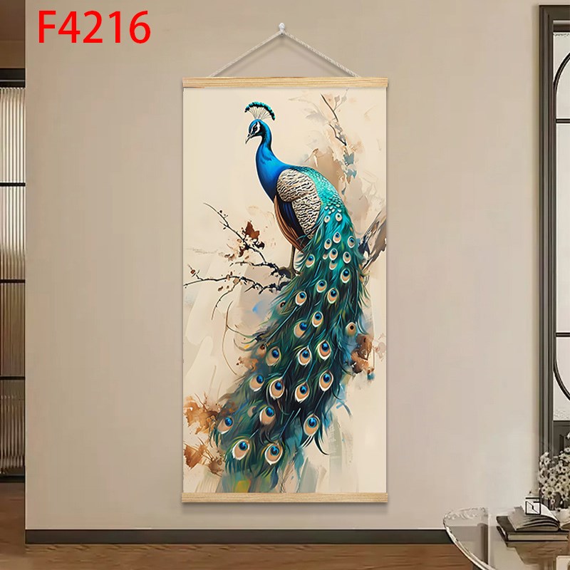 新中式玄关挂毯客厅装饰画孔雀挂布餐厅挂画布艺走廊茶室墙面布画图片