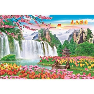 仙堂山水画亭台楼阁瀑布流水风景堂口贴画佛堂背景装饰画客厅年画