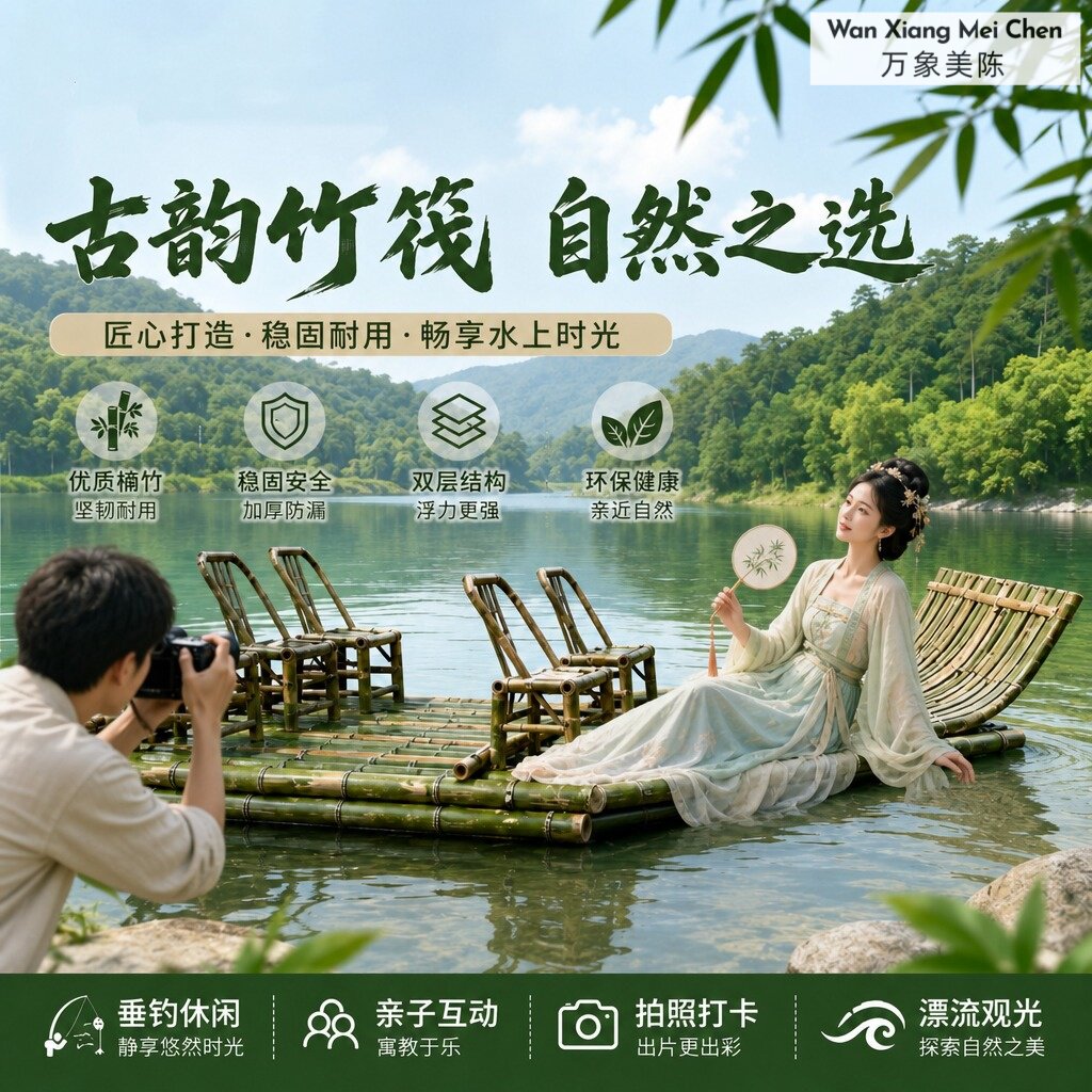景区农家乐观光竹筏双层加厚楠竹漂流船网红打卡道具稳固安全钓鱼