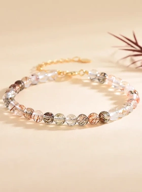 天然黑金超七水晶手链 4mm黑金超七圆珠手链复古风手饰